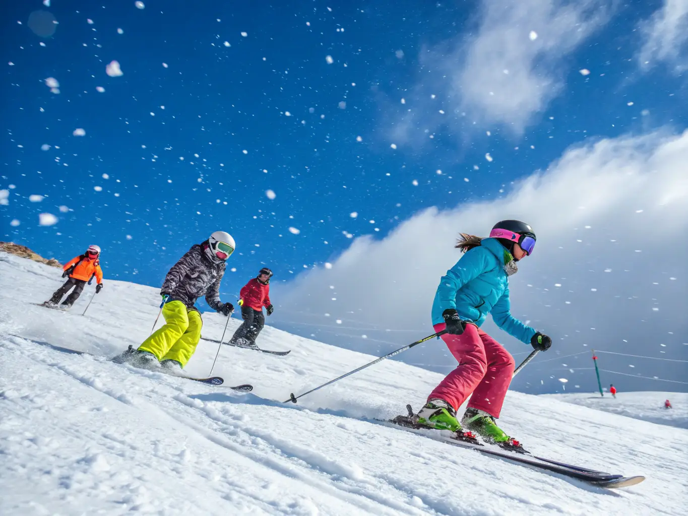 A vibrant image capturing the excitement of skiing and snowboarding in Brian Head, with skiers and snowboarders gliding down the snow-covered slopes against a backdrop of stunning mountain scenery.