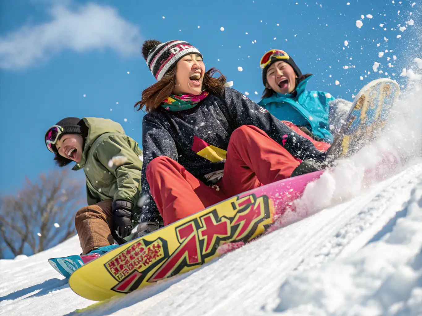 A group of skiers enjoying a sunny day on the slopes of Brian Head Resort. The image should capture the excitement and fun of winter sports.